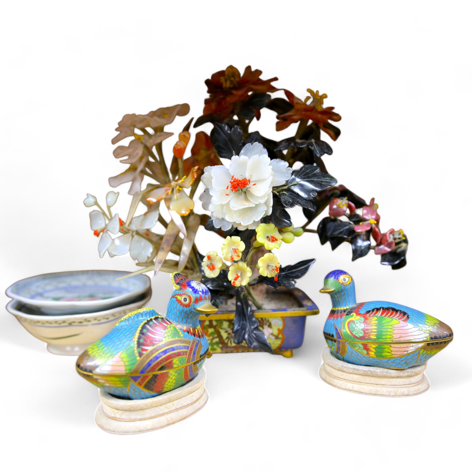 Five Chinese items including a pair of cloisonné enamel duck boxes and covers, a hardstone floral display and two dishes, largest 30cm. Condition - fair